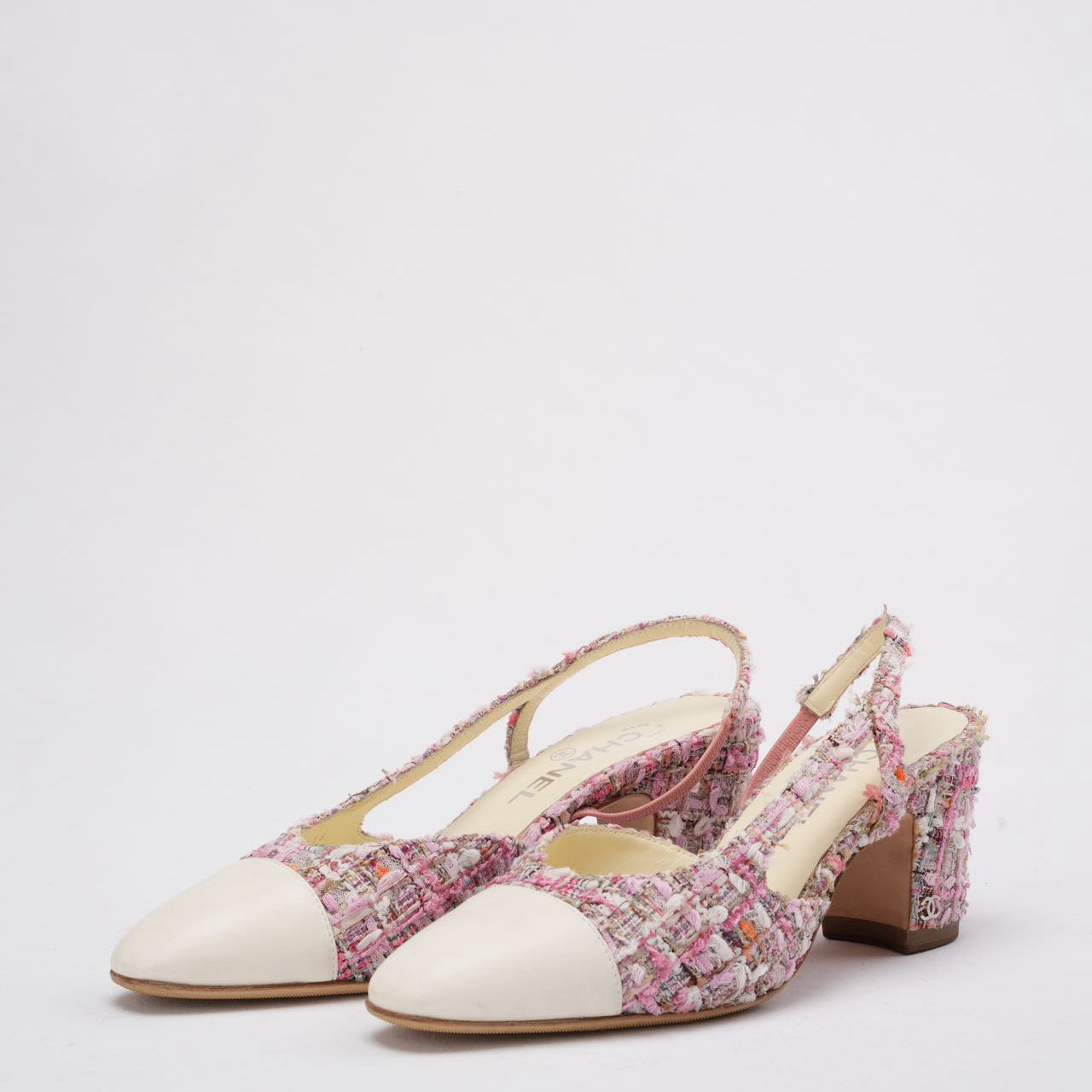 Chanel Pink and White Tweed Slingback Sandals 39.5