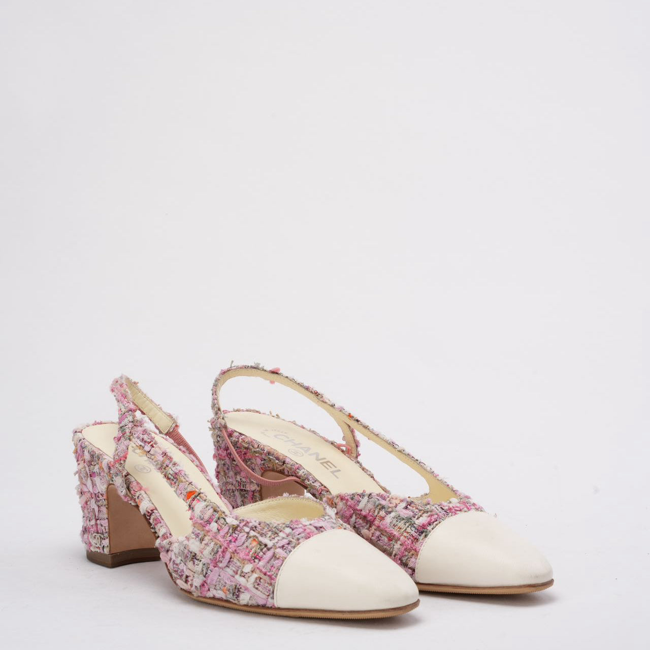 Chanel Pink and White Tweed Slingback Sandals 39.5