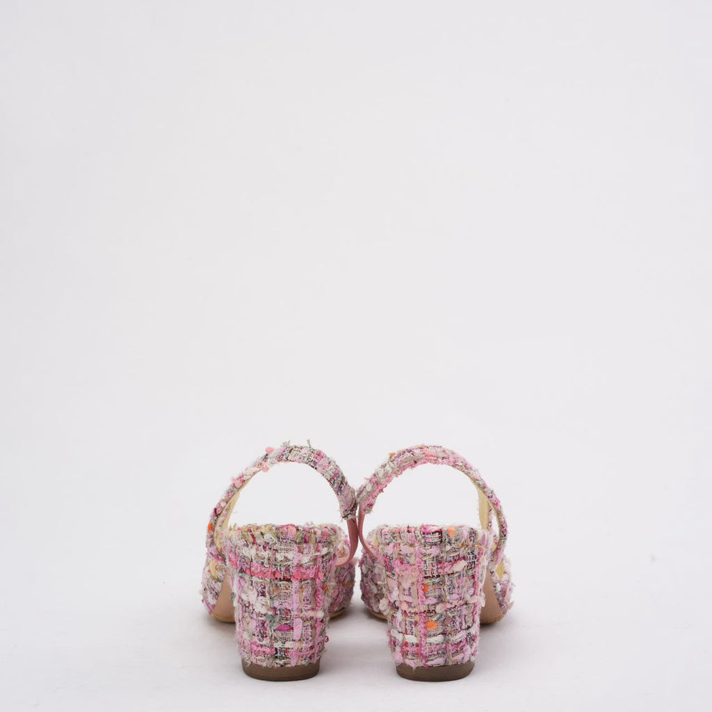 Chanel Pink and White Tweed Slingback Sandals 39.5