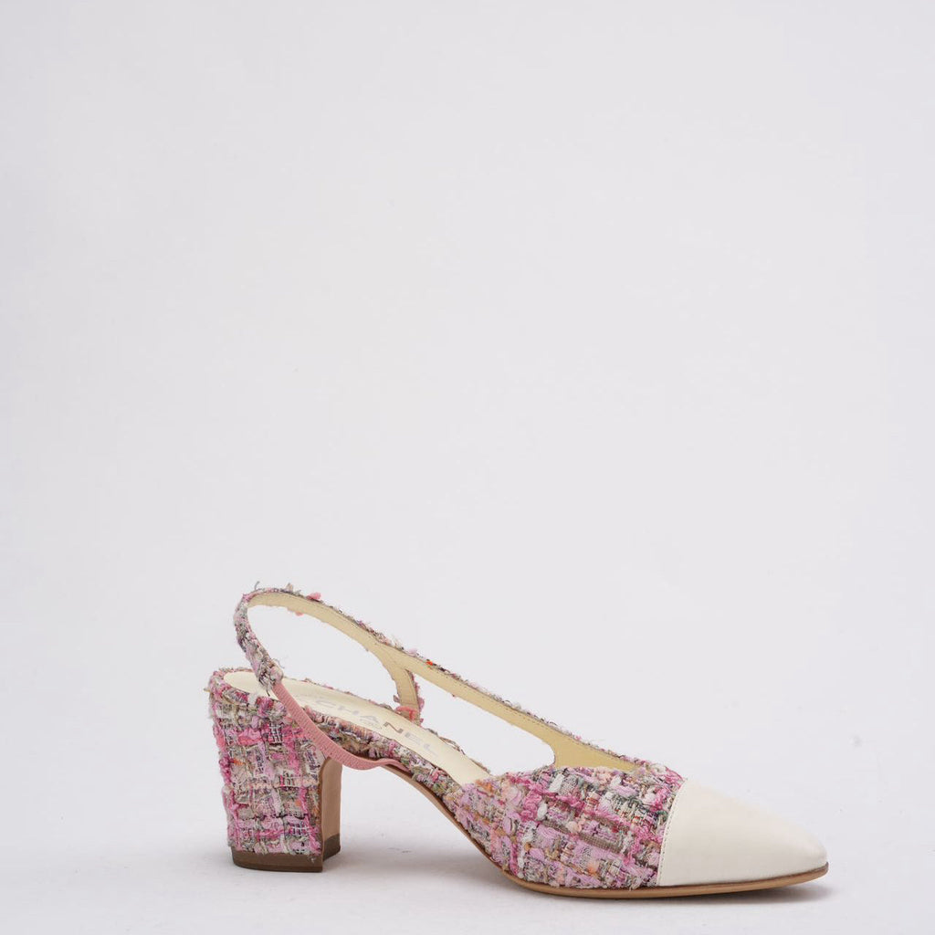 Chanel Pink and White Tweed Slingback Sandals 39.5
