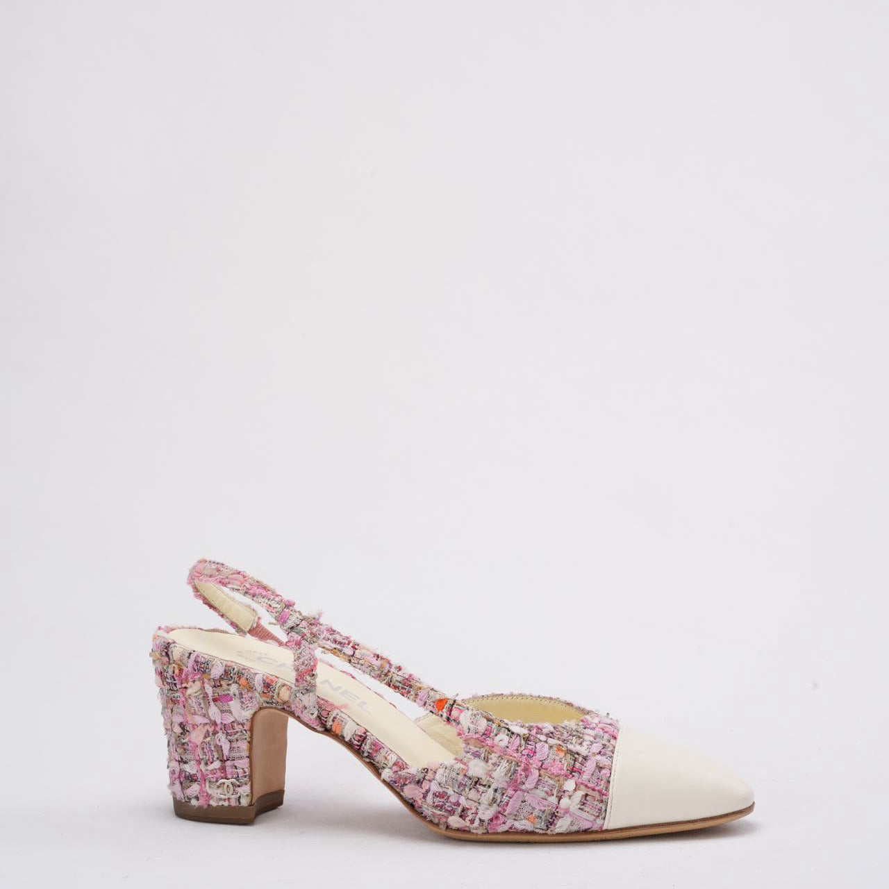 Chanel Pink and White Tweed Slingback Sandals 39.5