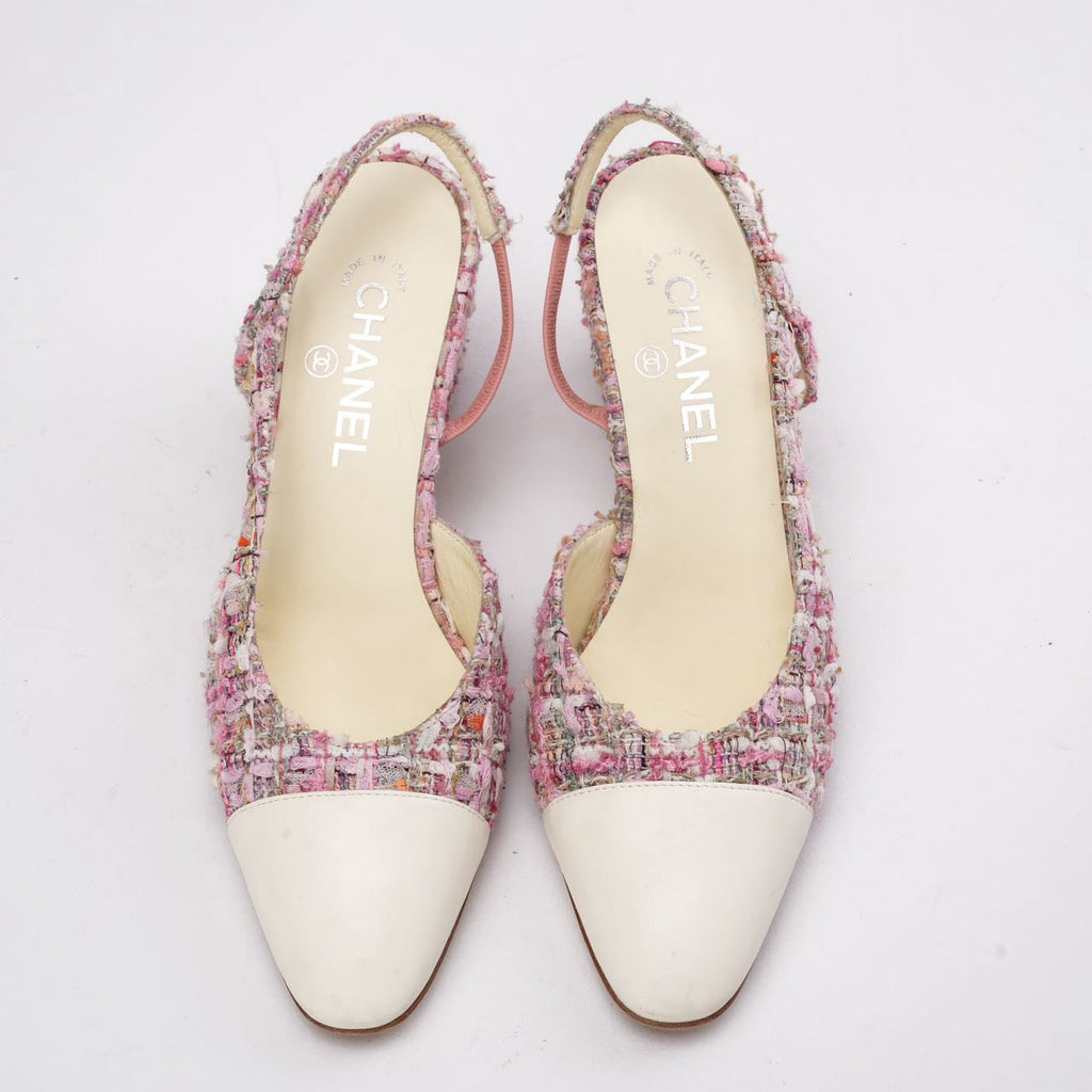 Chanel Pink and White Tweed Slingback Sandals 39.5