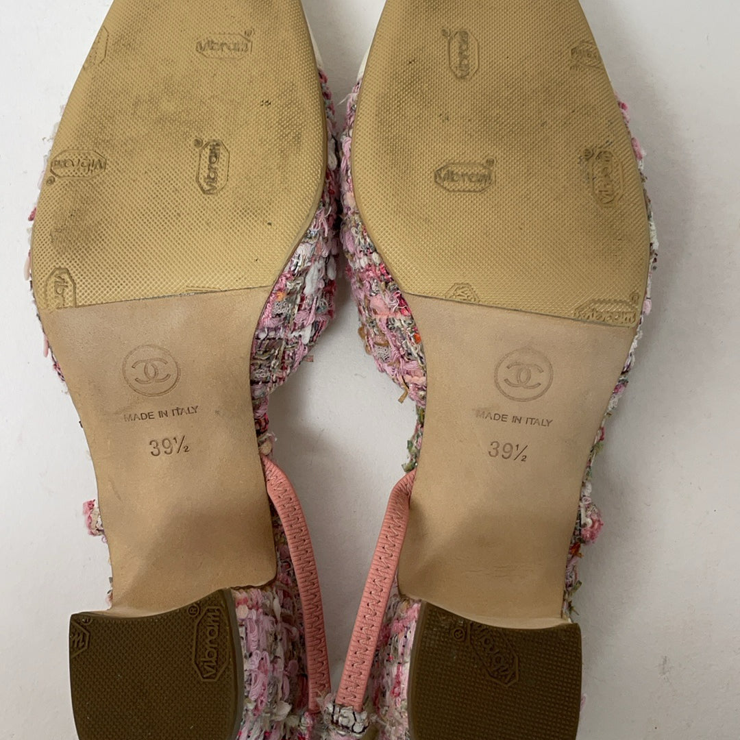 Chanel Pink and White Tweed Slingback Sandals 39.5
