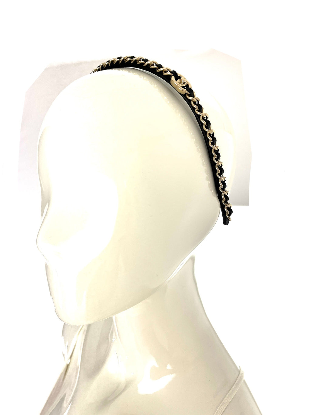 CHANEL Hollywood Hills Black Chain Link Leather CC Logo Headband