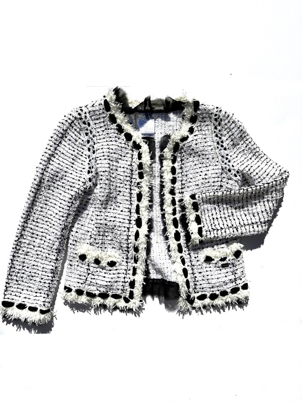 CHANEL Tweed Sequined Collarless Black White 2005 Open Jacket 38 4