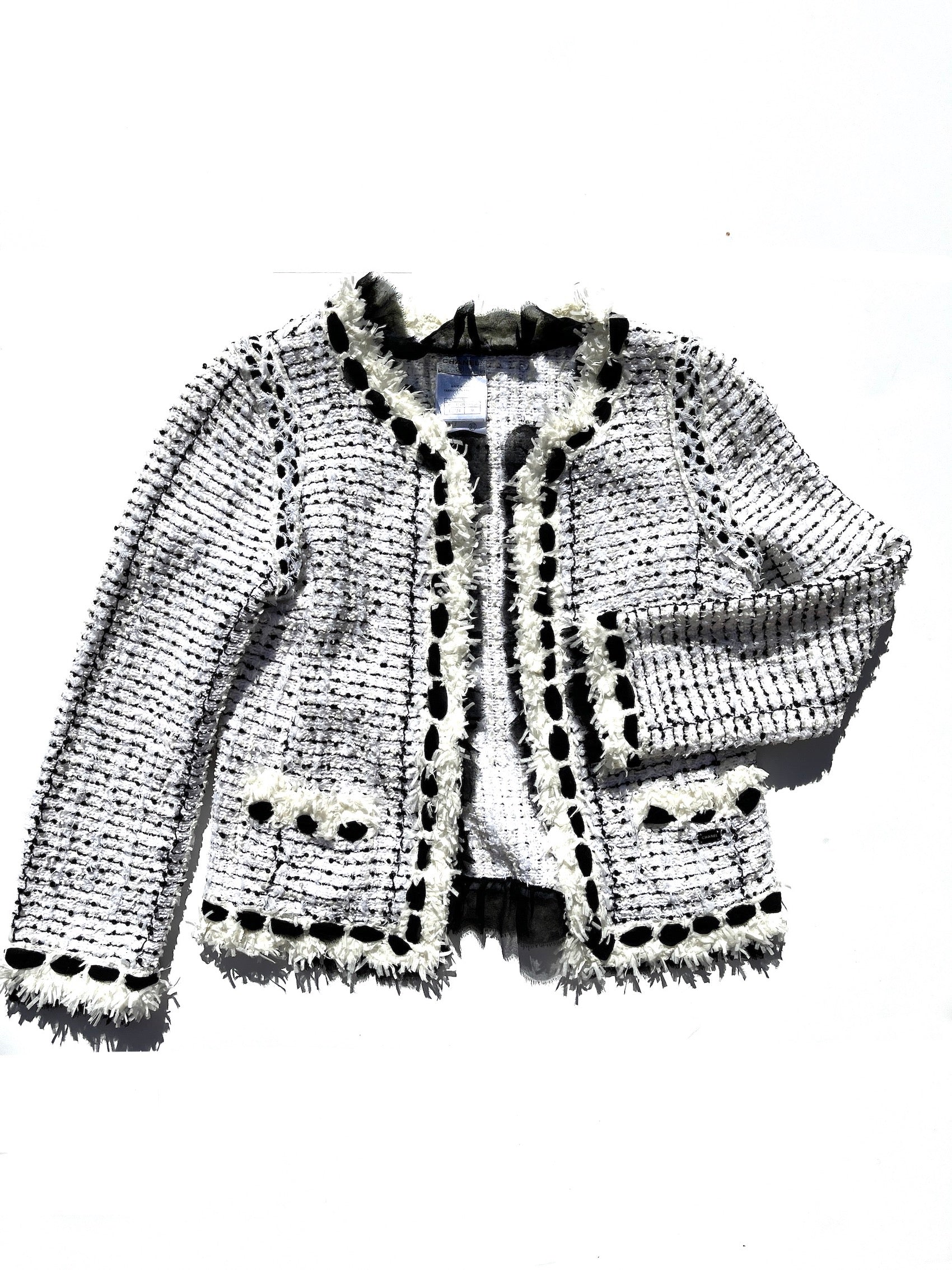 CHANEL Tweed Sequined Collarless Black White 2005 Open Jacket 38 4