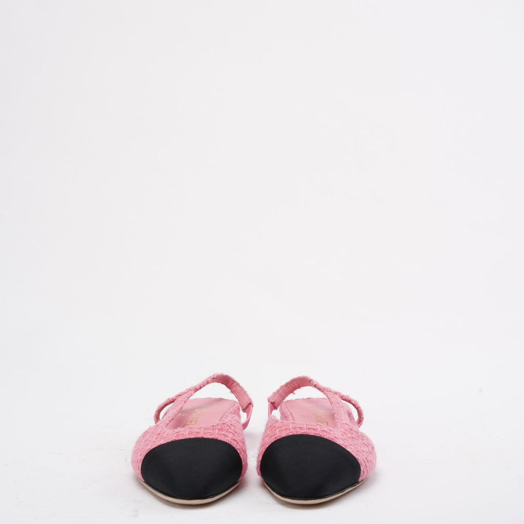 Chanel Pink/Black Tweed Cap Toe CC Slingback Pumps 38C