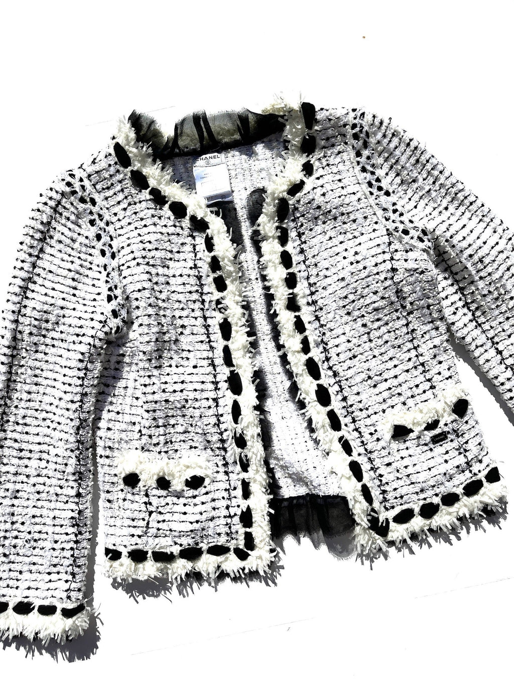 CHANEL Tweed Sequined Collarless Black White 2005 Open Jacket 38 4