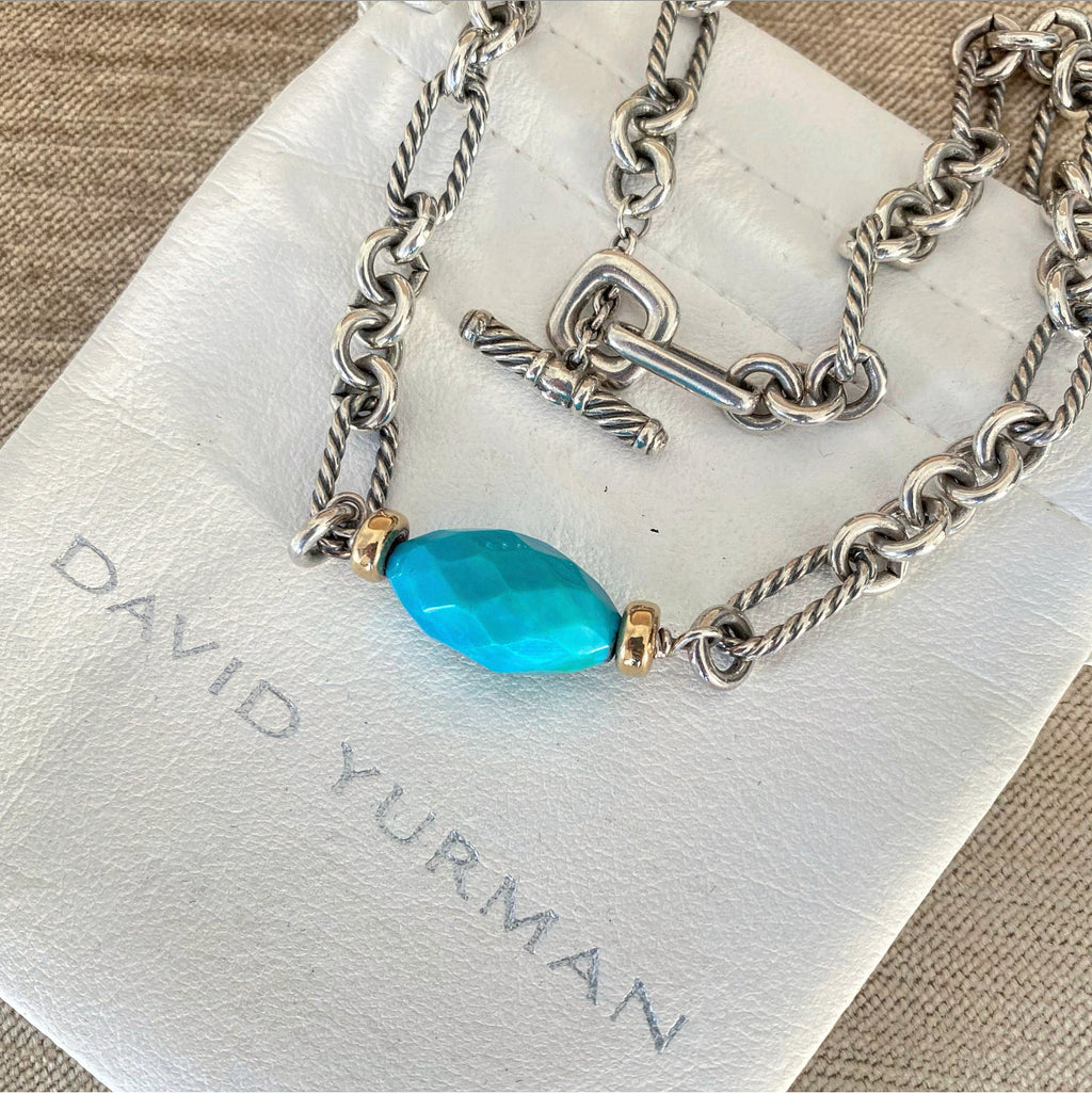 David Yurman Sterling Silver 18k Turquoise Figaro Chain Necklace