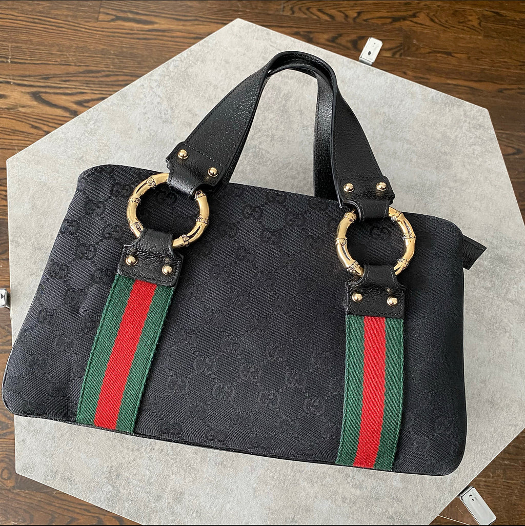 Gucci 2000’s Black Monogram Web Trim Handbag