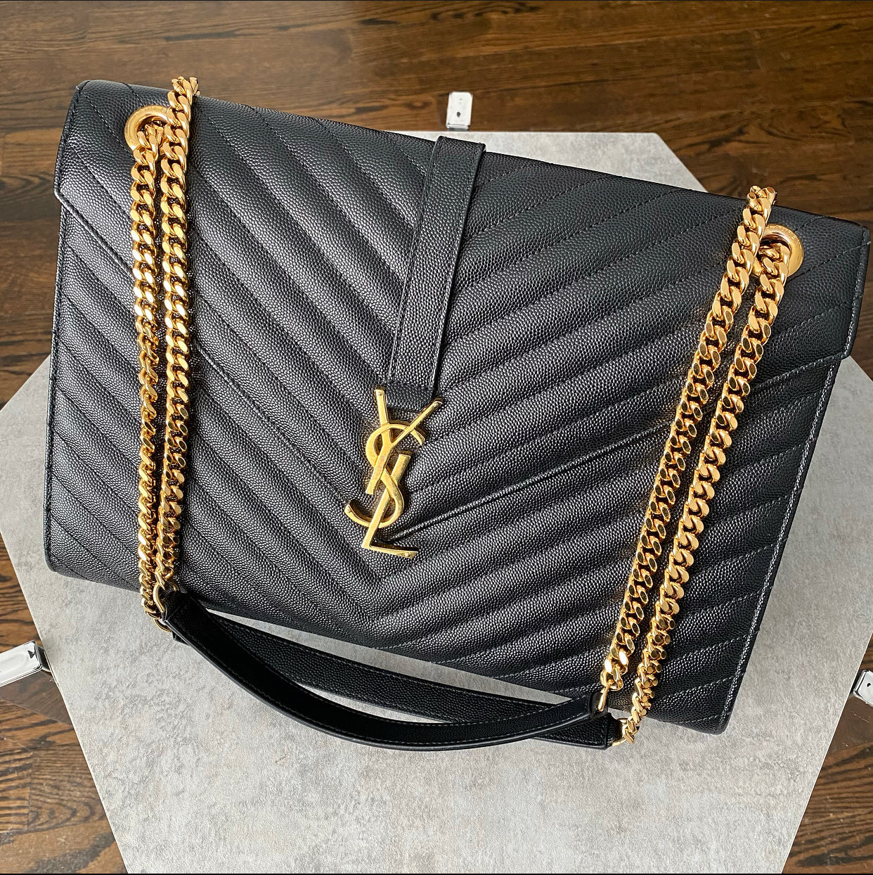 Saint Laurent Large Black Chevron Envelope Flap Bag