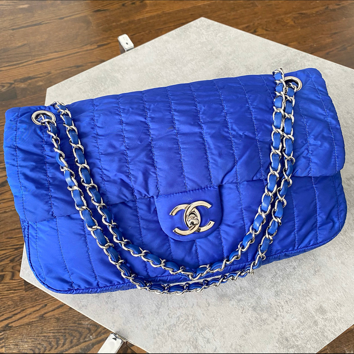 Chanel 12P Cobalt Blue Nylon Flap Bag and Pouch