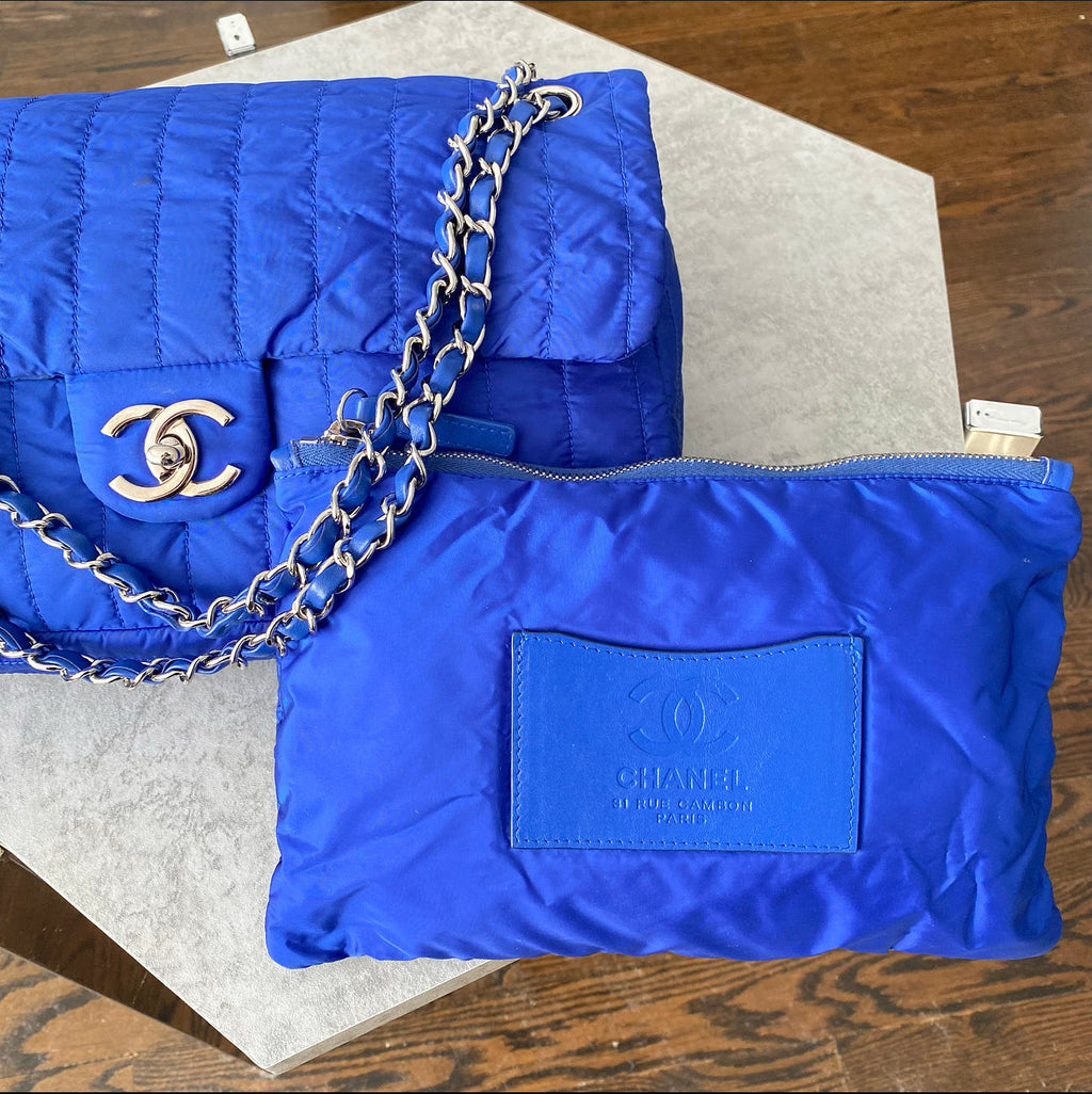 Chanel 12P Cobalt Blue Nylon Flap Bag and Pouch