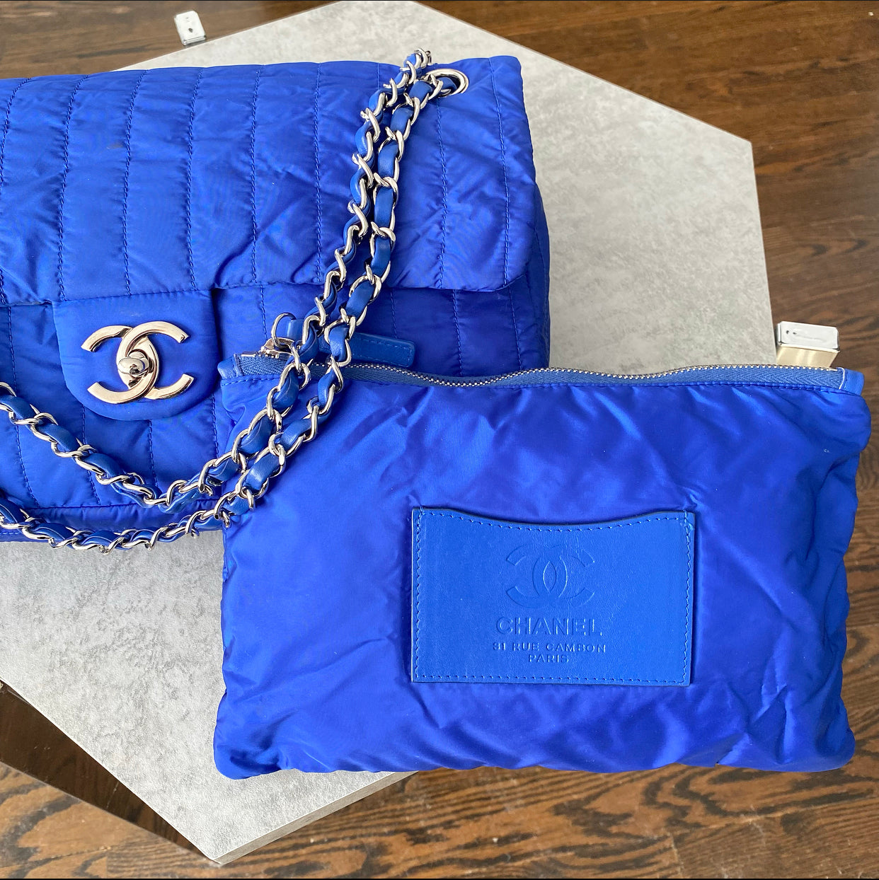 Chanel 12P Cobalt Blue Nylon Flap Bag and Pouch