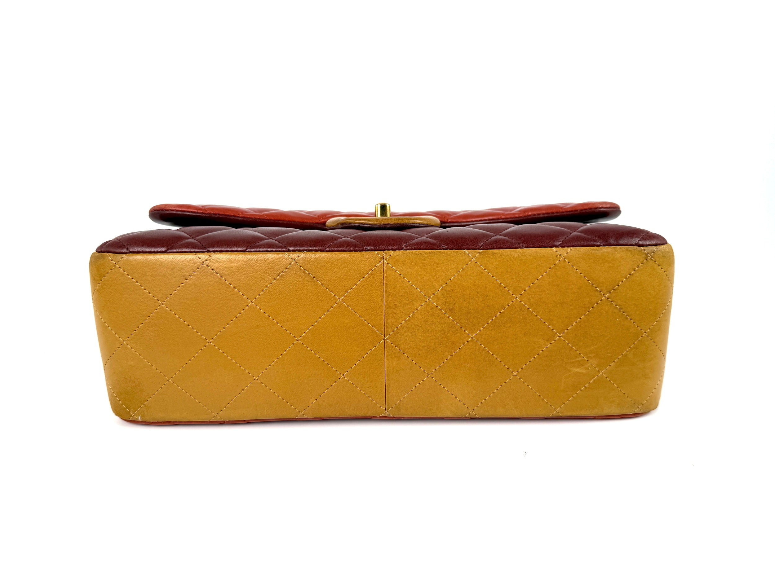 CHANEL Classic Jumbo Quilted Lambskin Tri-Color Burgundy Yellow Red Double Flap Shoulder Crossbody Bag