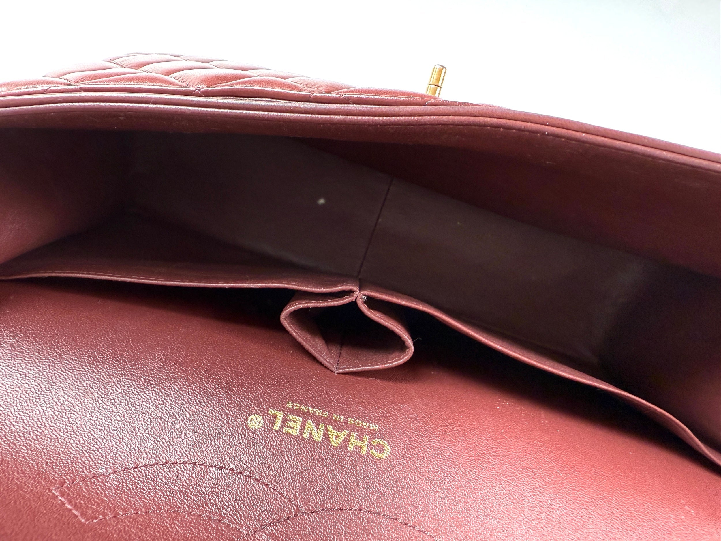 CHANEL Classic Jumbo Quilted Lambskin Tri-Color Burgundy Yellow Red Double Flap Shoulder Crossbody Bag