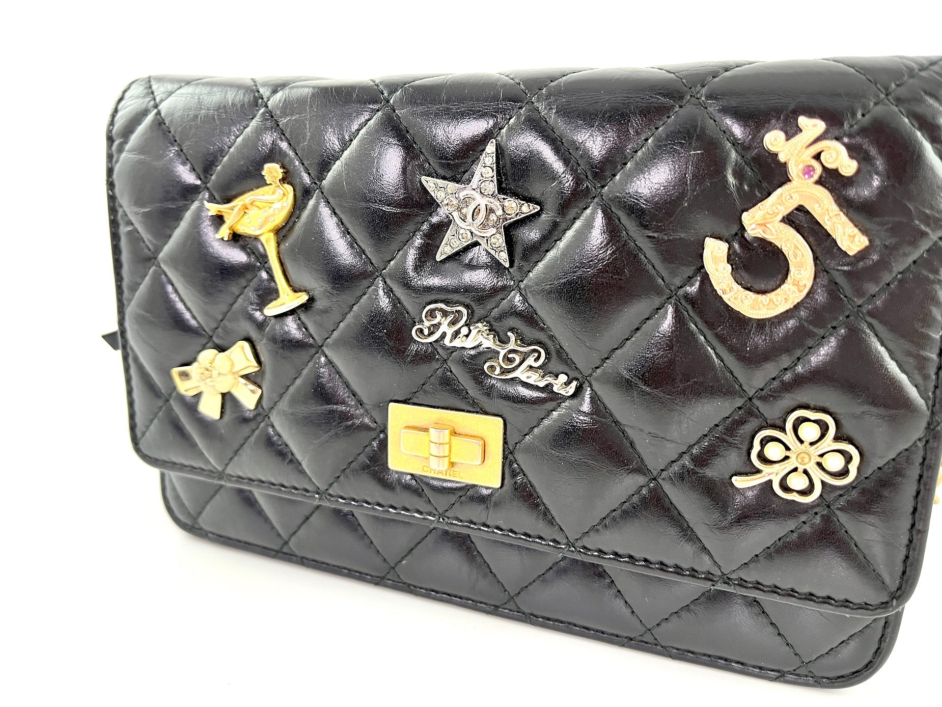 CHANEL Black Calfskin Charm Reissue 2.55 Wallet on Chain Crossbody Flap Bag