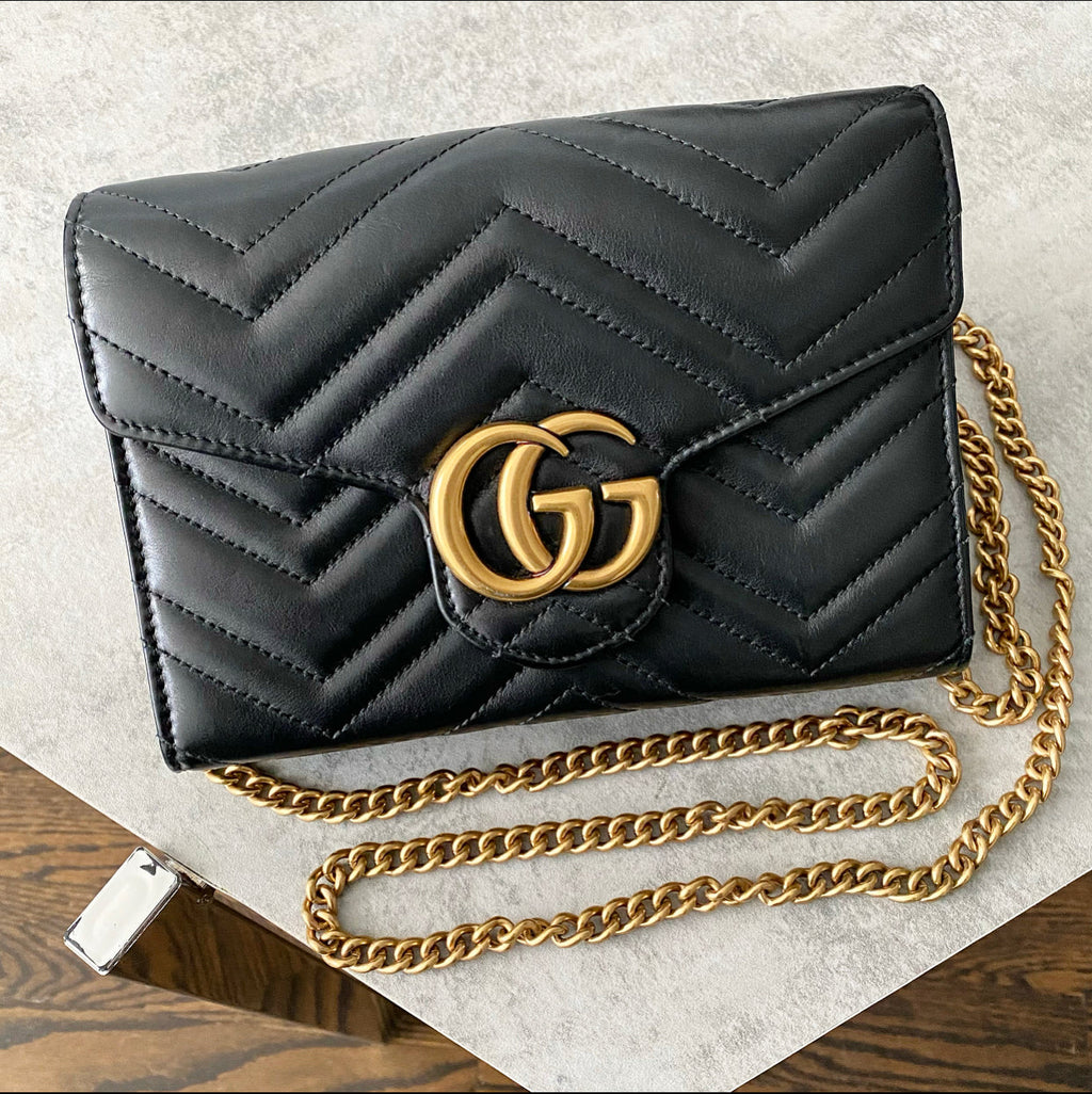 Gucci Black Mini Marmont Matelasse Wallet on Chain