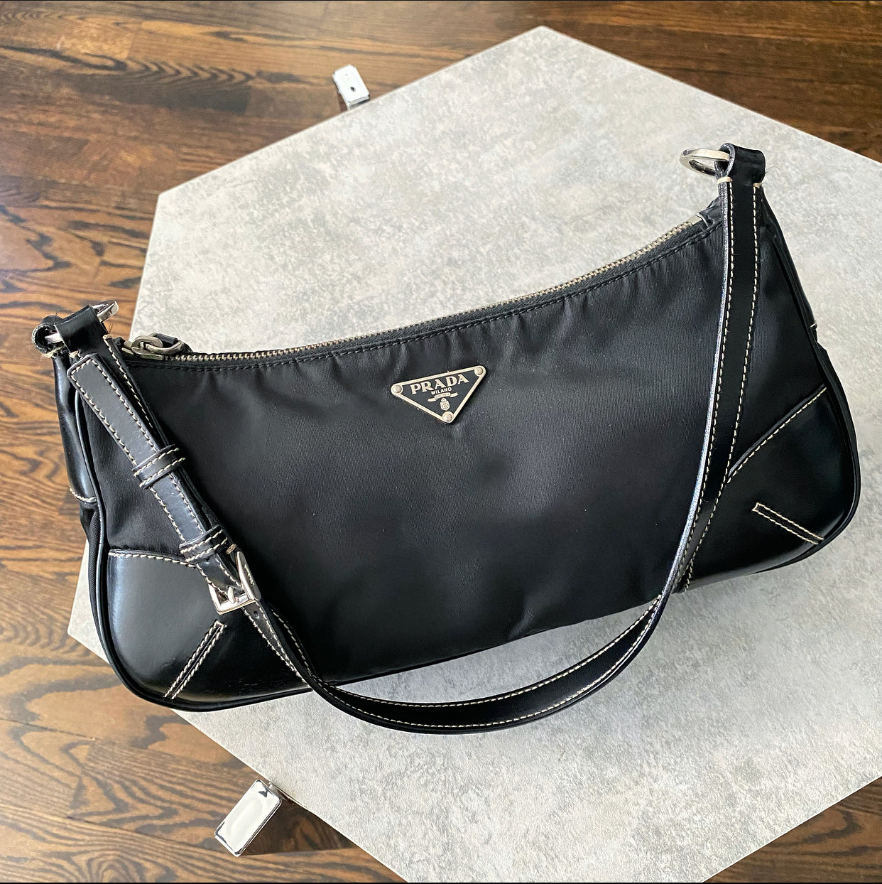 Prada Black Tessuto Nylon Small Baguette Shoulder Bag