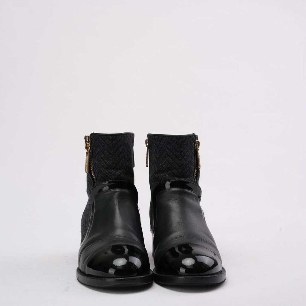 Chanel Black Tweed and Patent Leather CC Cap Toe Ankle Booties 38.5
