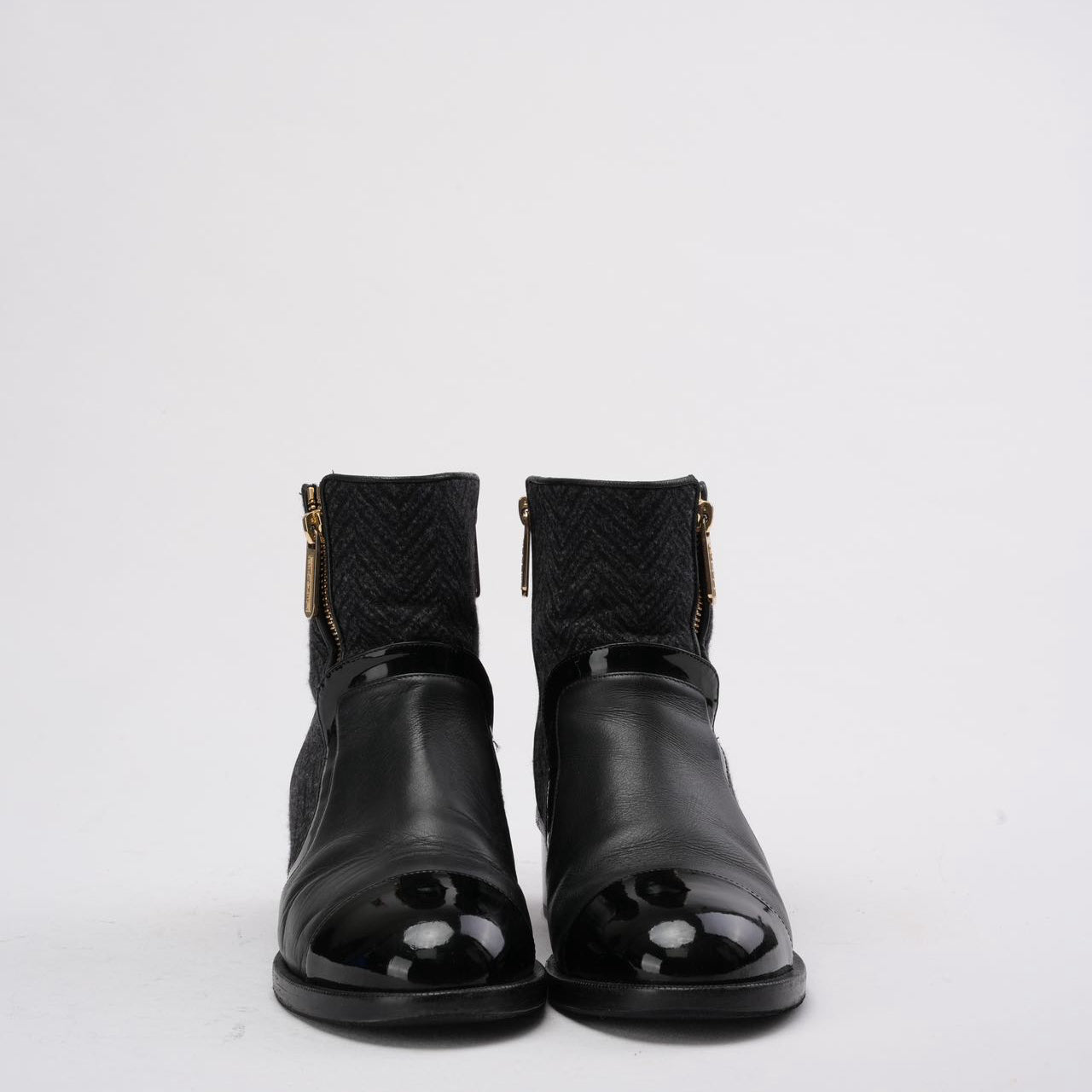 Chanel Black Tweed and Patent Leather CC Cap Toe Ankle Booties 38.5