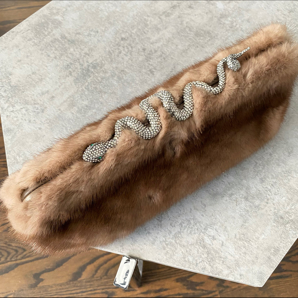 Valentino Brown Natural Mink Fur Clutch Bag with Jewelled Snake