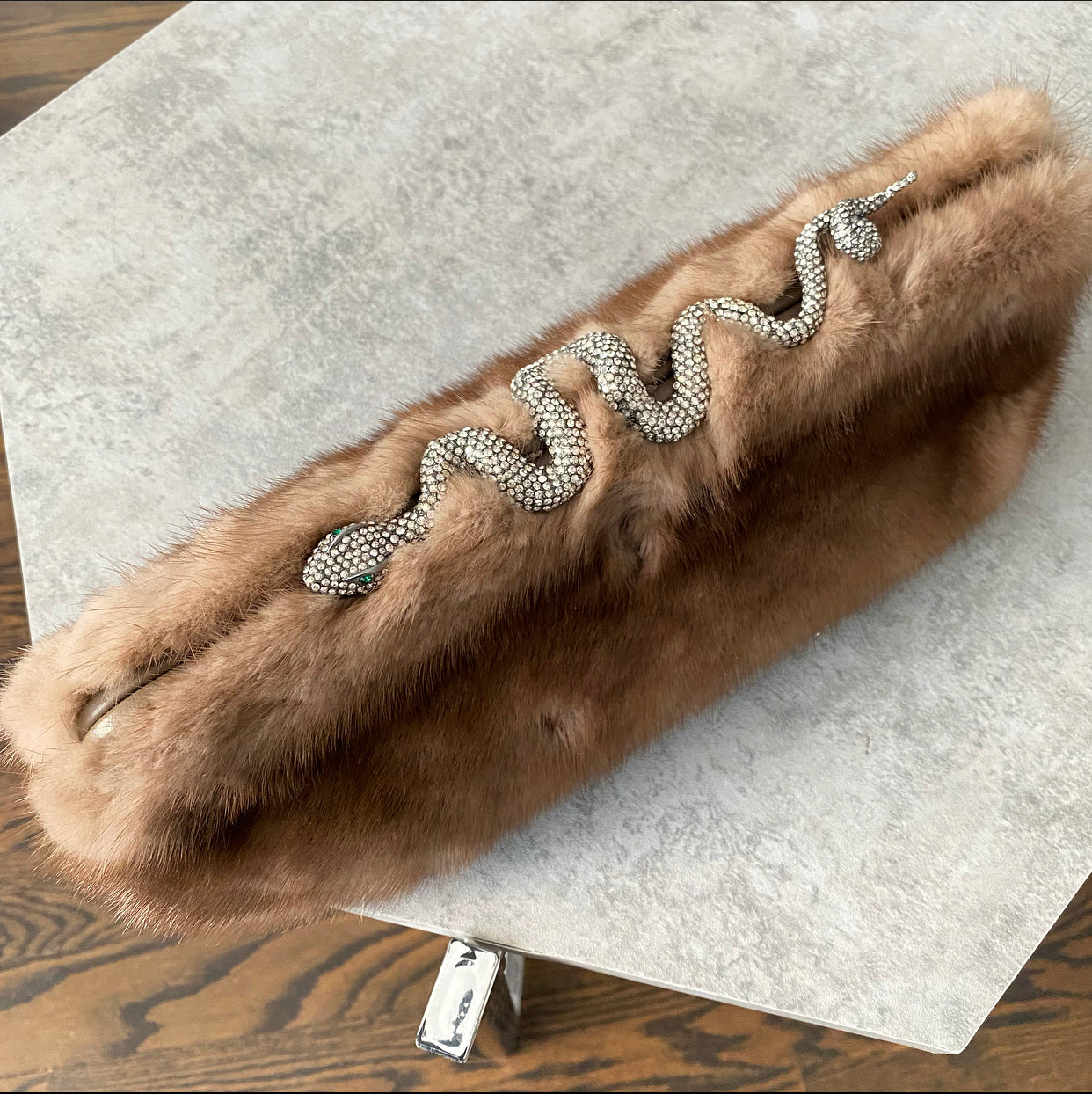 Valentino Brown Natural Mink Fur Clutch Bag with Jewelled Snake