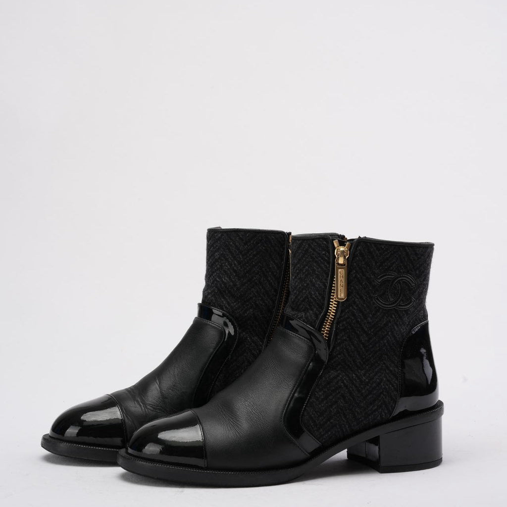 Chanel Black Tweed and Patent Leather CC Cap Toe Ankle Booties 38.5