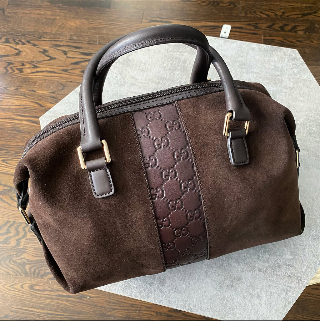 Gucci Brown Small Suede Boston Guccissima Bag