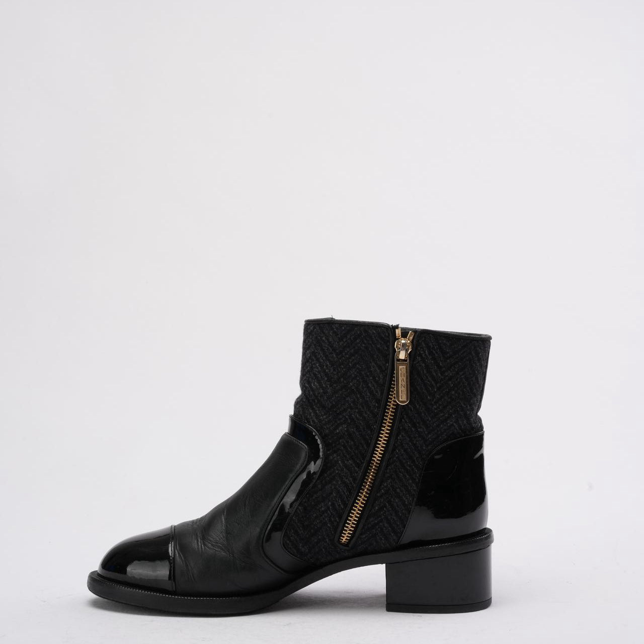 Chanel Black Tweed and Patent Leather CC Cap Toe Ankle Booties 38.5