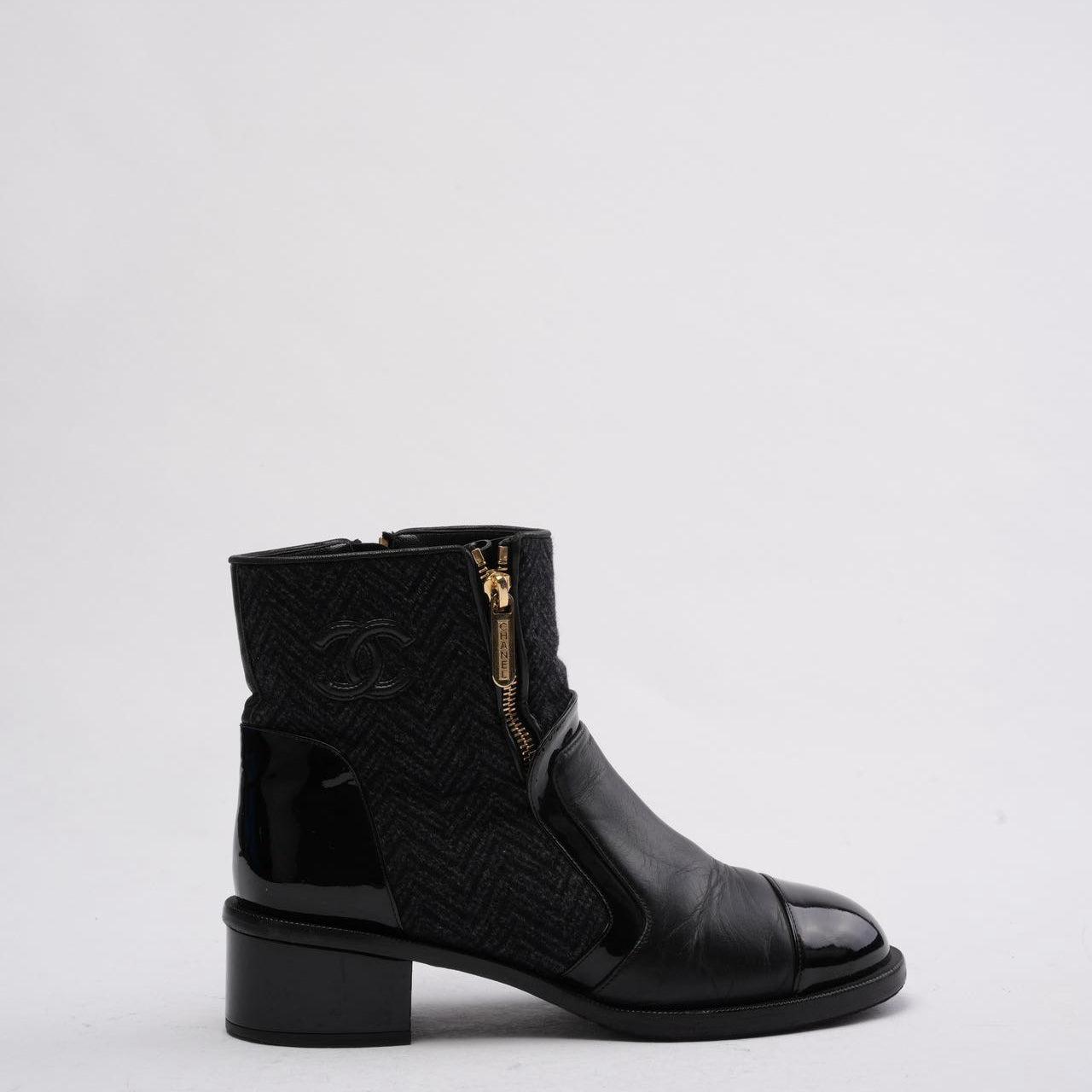 Chanel Black Tweed and Patent Leather CC Cap Toe Ankle Booties 38.5