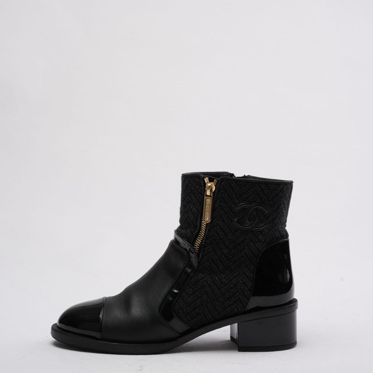 Chanel Black Tweed and Patent Leather CC Cap Toe Ankle Booties 38.5