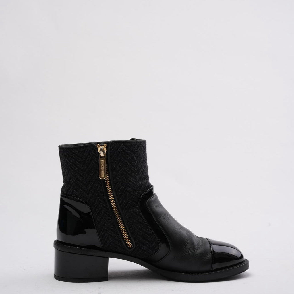 Chanel Black Tweed and Patent Leather CC Cap Toe Ankle Booties 38.5