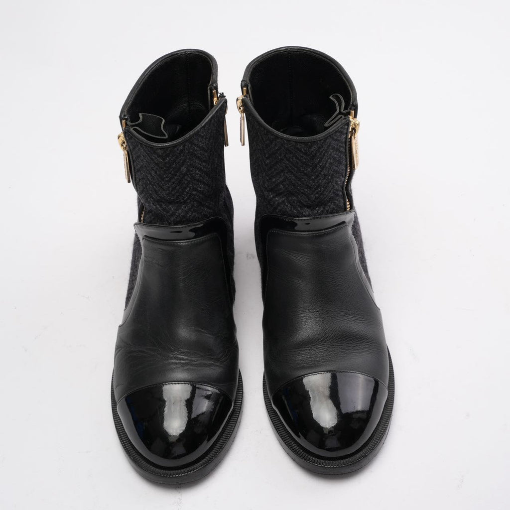 Chanel Black Tweed and Patent Leather CC Cap Toe Ankle Booties 38.5