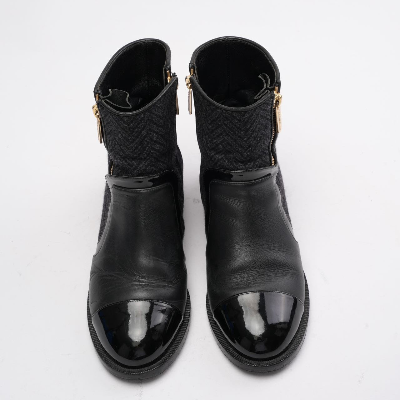Chanel Black Tweed and Patent Leather CC Cap Toe Ankle Booties 38.5