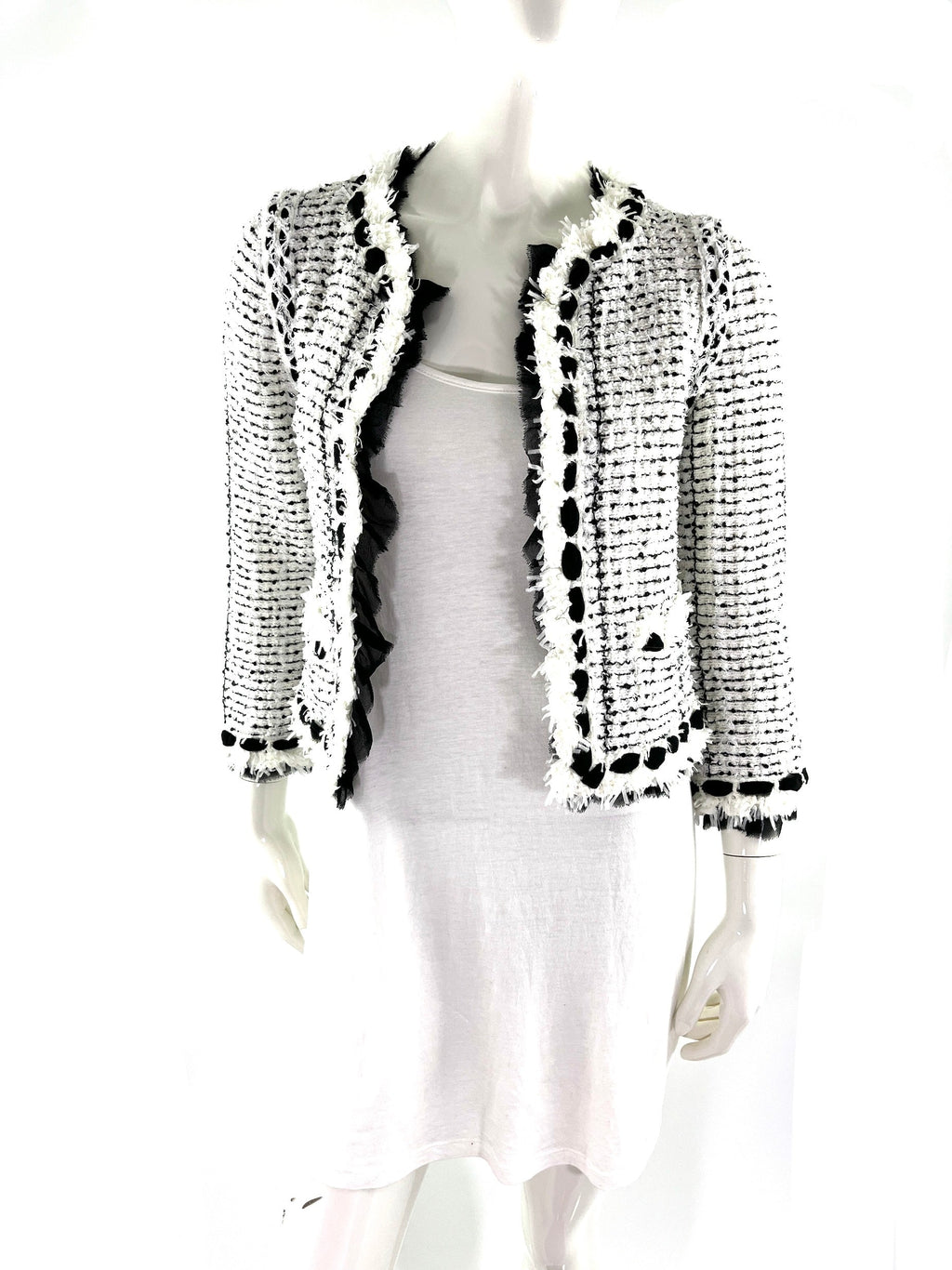 CHANEL Tweed Sequined Collarless Black White 2005 Open Jacket 38 4