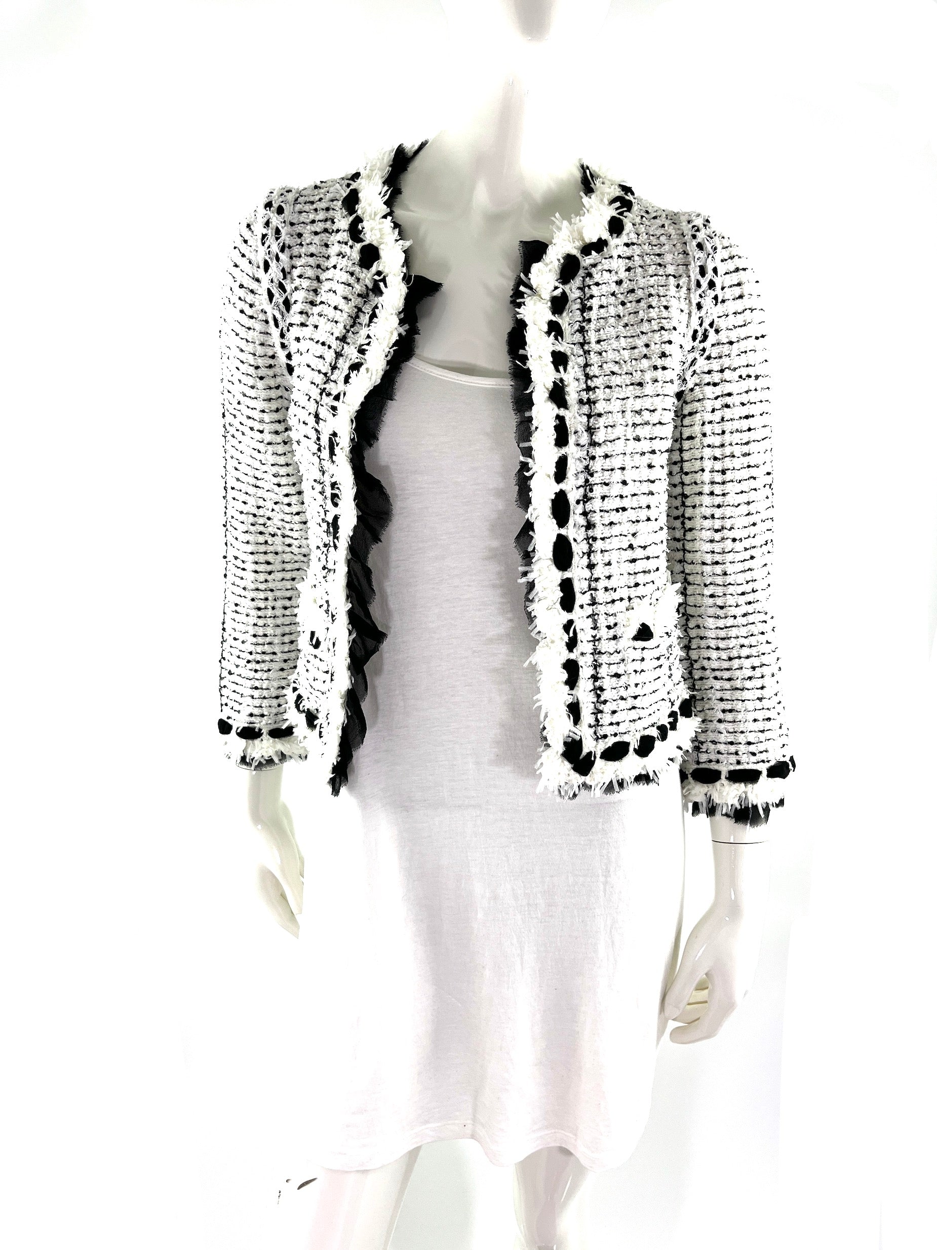 CHANEL Tweed Sequined Collarless Black White 2005 Open Jacket 38 4