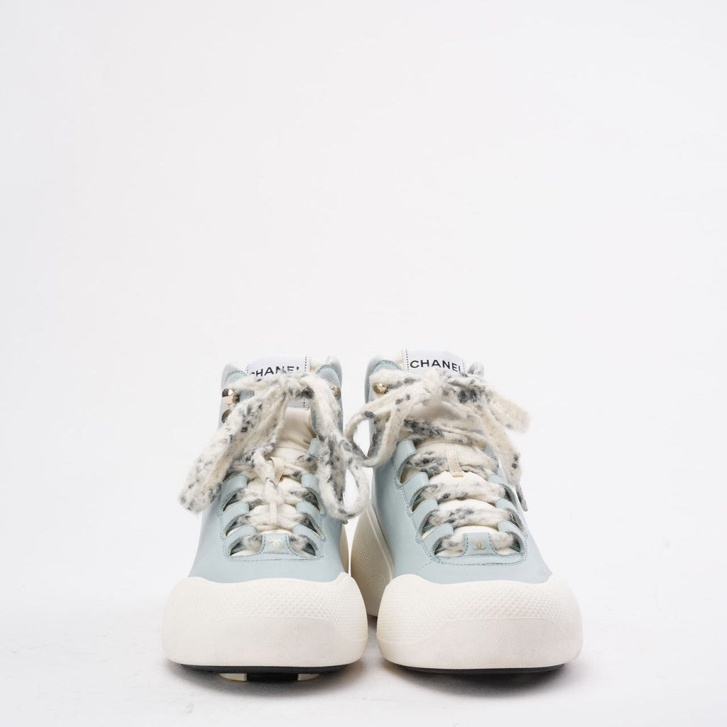 Chanel Light Blue/White Snow CC Logo Top Ankle Boots 39.5