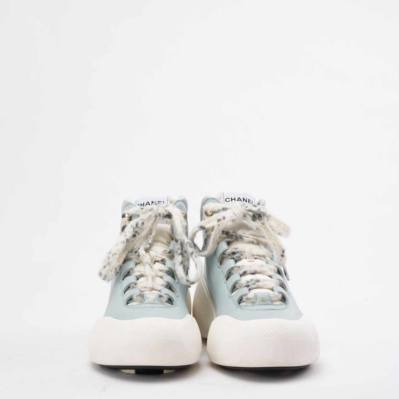 Chanel Light Blue/White Snow CC Logo Top Ankle Boots 39.5