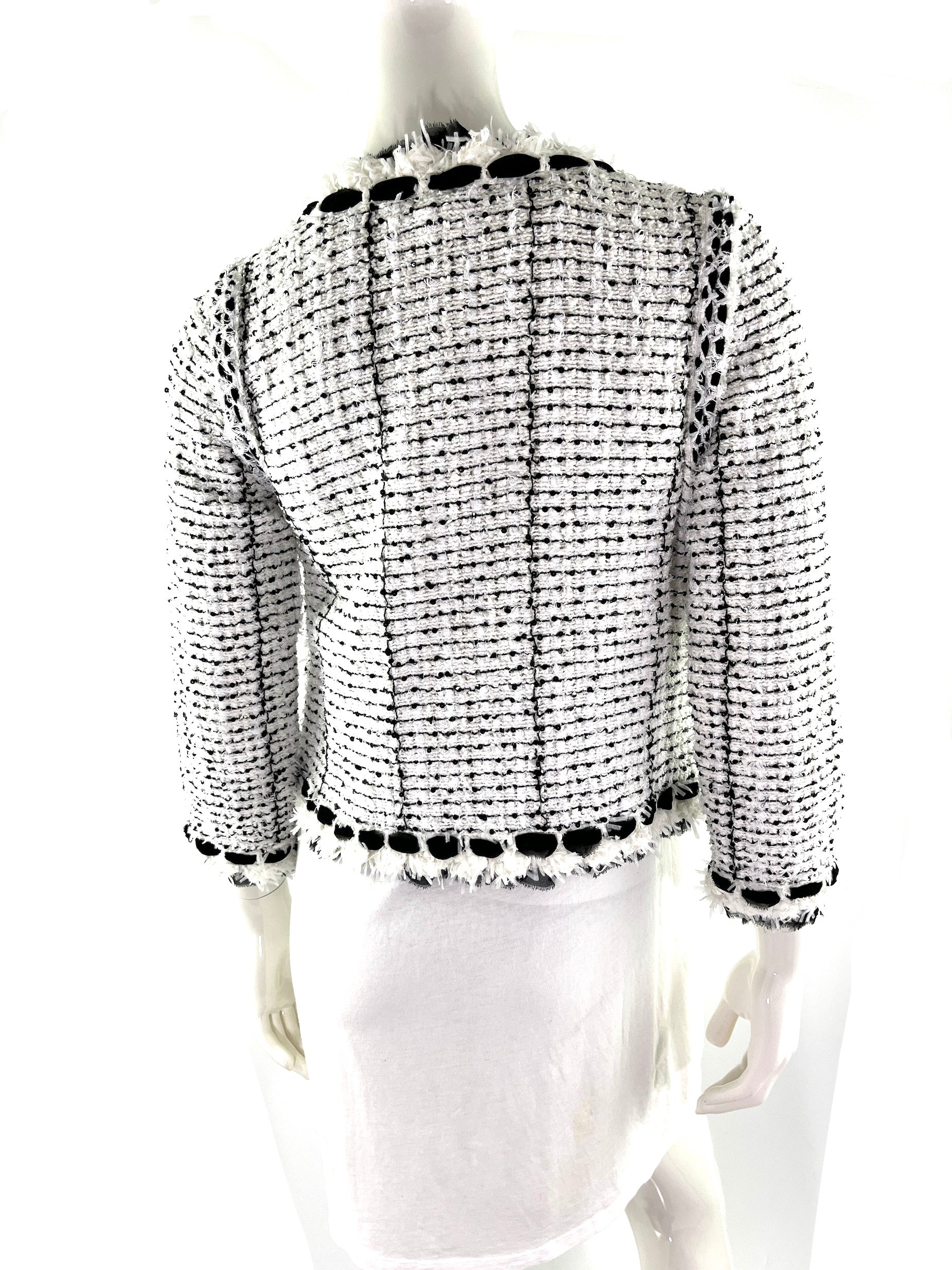 CHANEL Tweed Sequined Collarless Black White 2005 Open Jacket 38 4