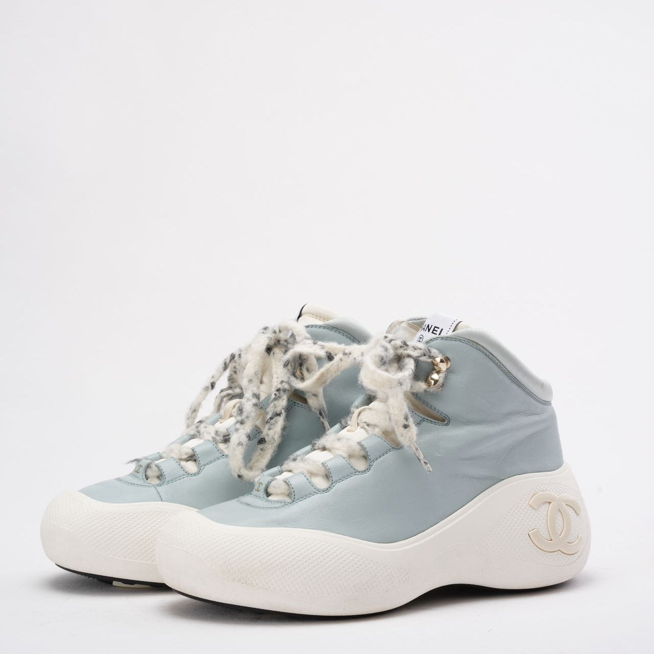 Chanel Light Blue/White Snow CC Logo Top Ankle Boots 39.5