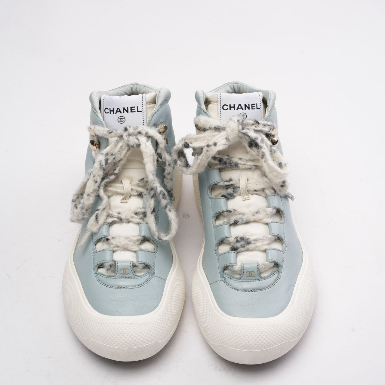Chanel Light Blue/White Snow CC Logo Top Ankle Boots 39.5