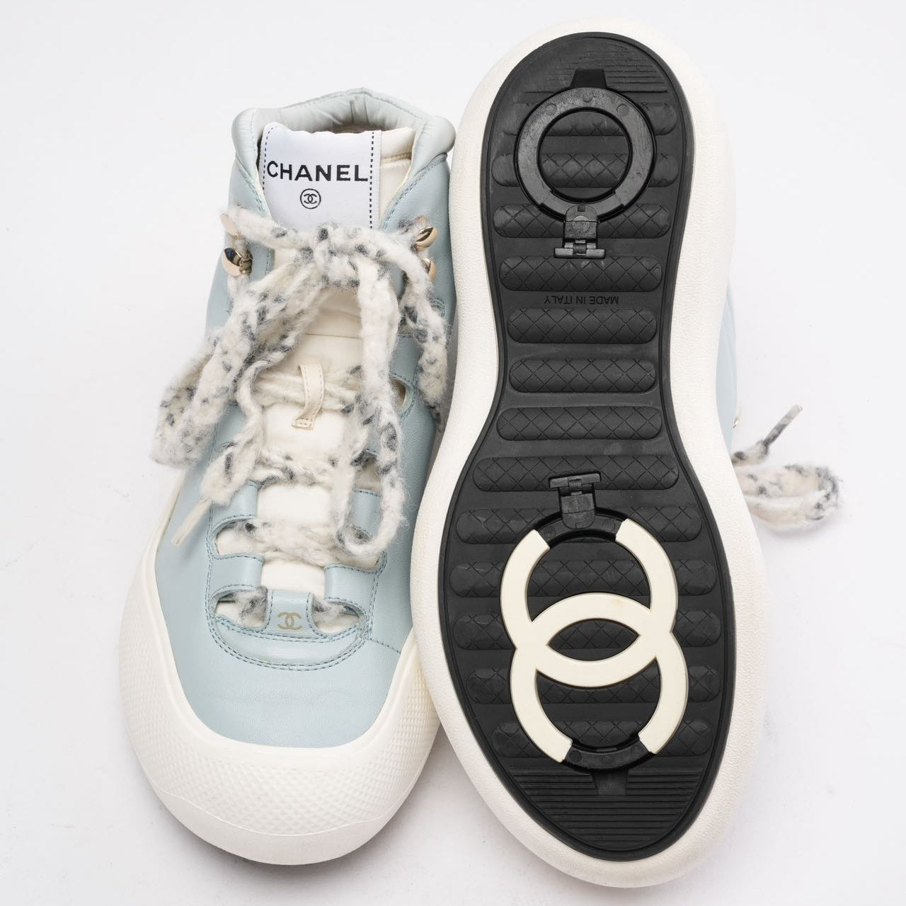 Chanel Light Blue/White Snow CC Logo Top Ankle Boots 39.5