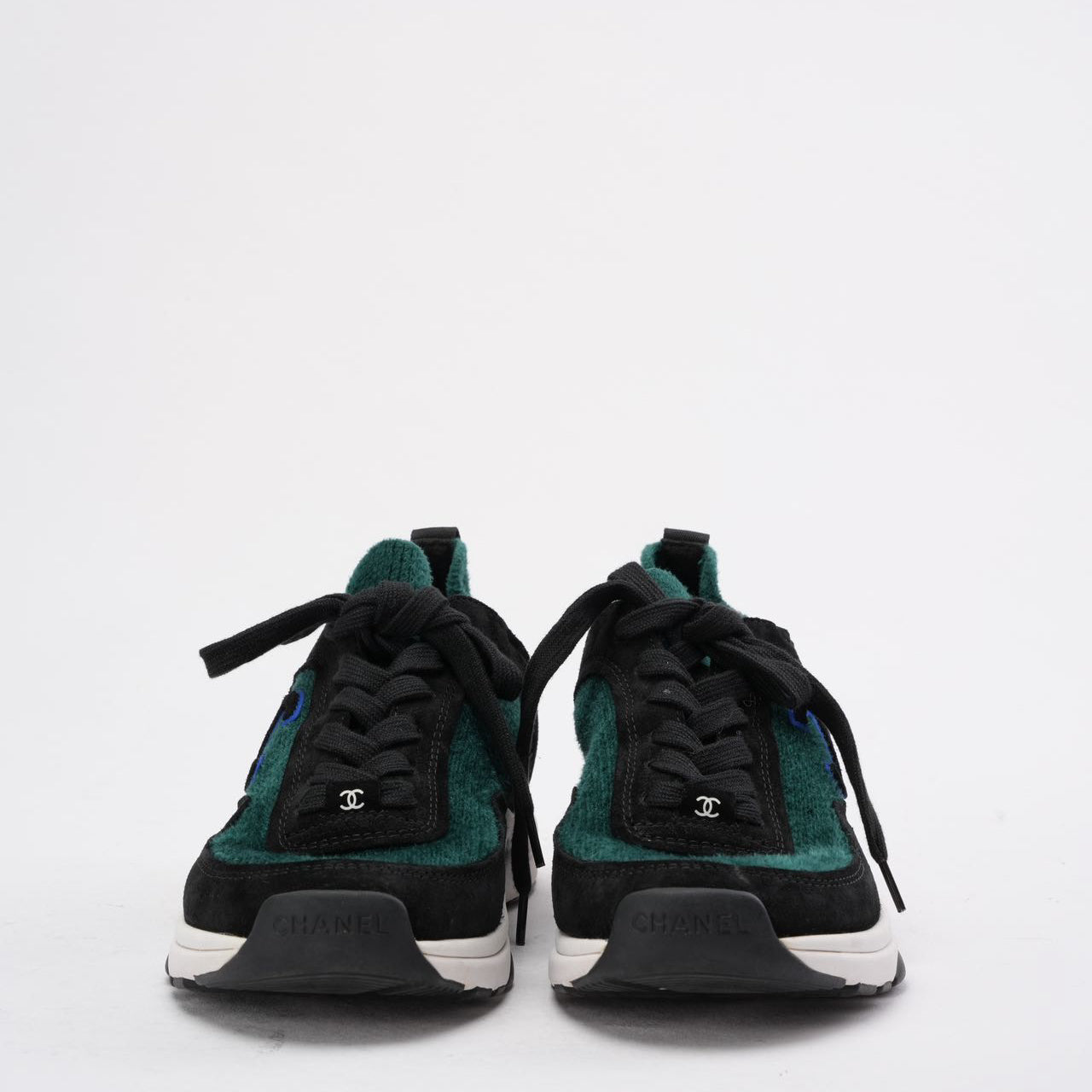 Chanel Low-Top Sneakers Suede & Knit Fabric Black/Green 39