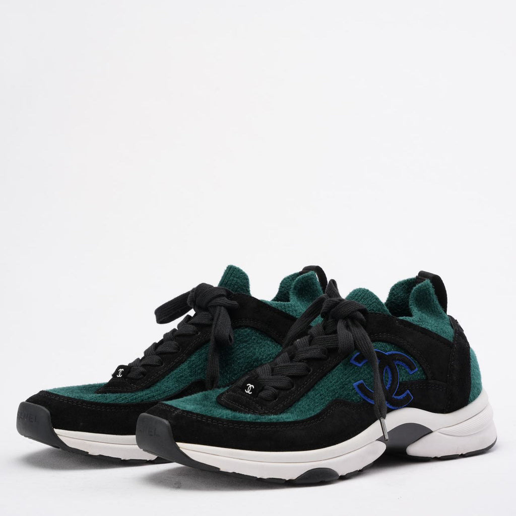 Chanel Low-Top Sneakers Suede & Knit Fabric Black/Green 39