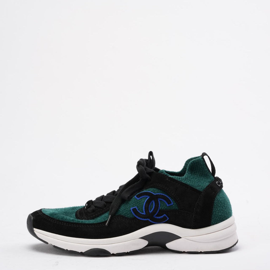 Chanel Low-Top Sneakers Suede & Knit Fabric Black/Green 39
