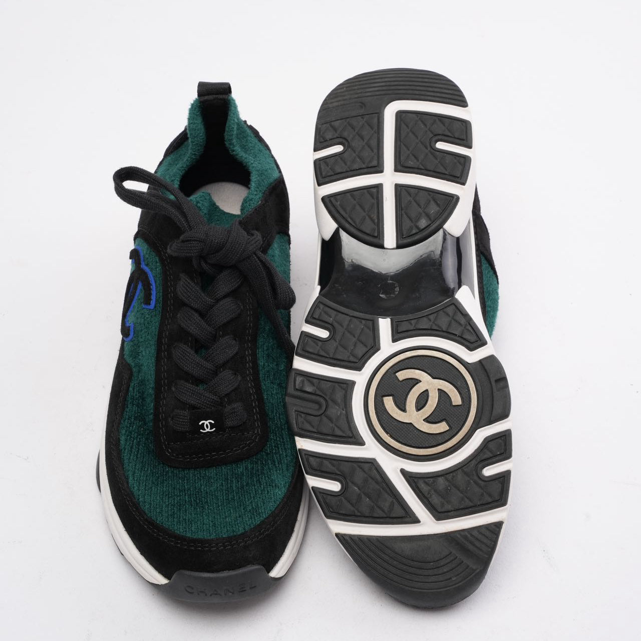 Chanel Low-Top Sneakers Suede & Knit Fabric Black/Green 39