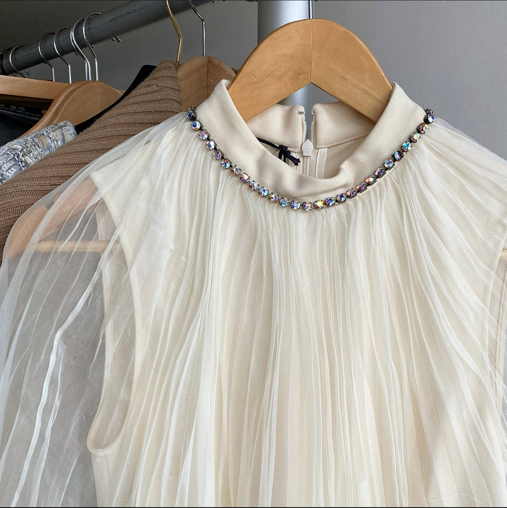 Gucci Ivory Pleated Sheer Overlay Dress with Crystals - XS / 2