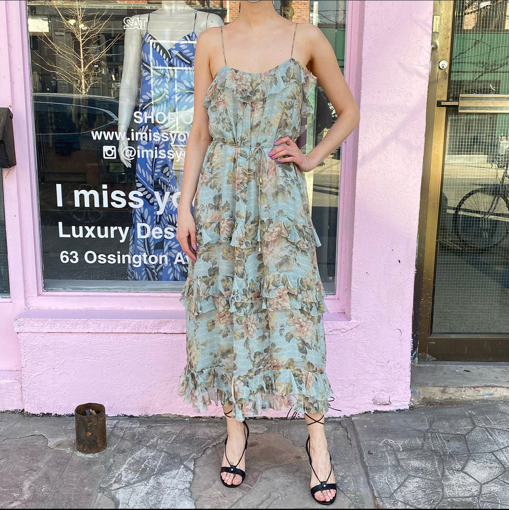 Zimmermann Floral Strappy Silk Ruffle Long Gown - USA S