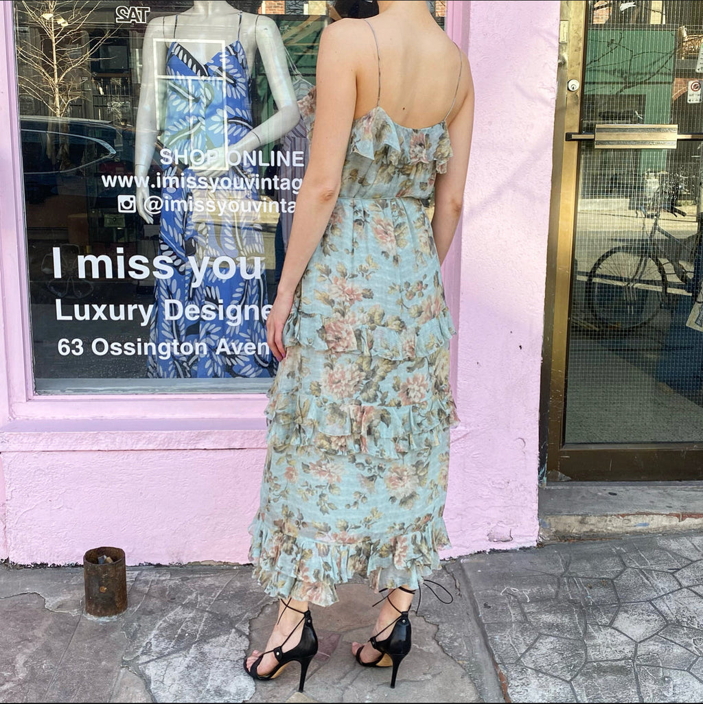 Zimmermann Floral Strappy Silk Ruffle Long Gown - USA S